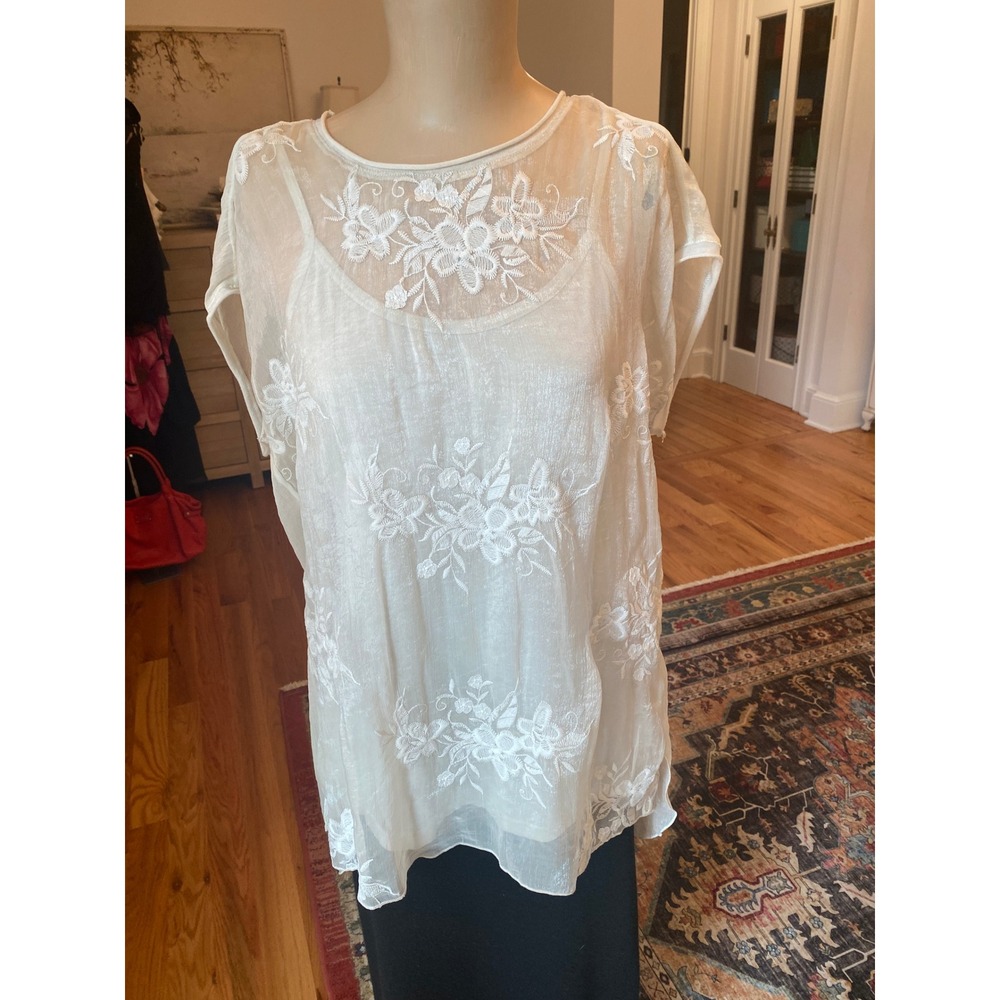 Soft Surroundings Cream Floral Embroidered Sheer Split Back Top Cami Set Size Sm